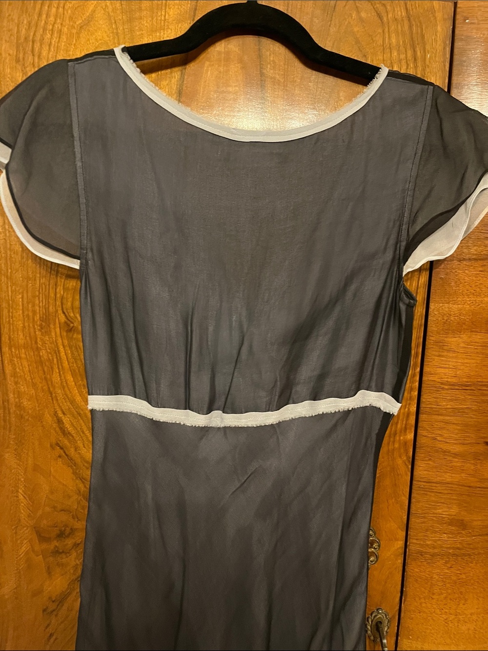 BCBGMaxAzria 100% Silk Black Sheer V-Neck Midi Dress with Blue-Gray Trim Size 6 - Picture 9 of 10